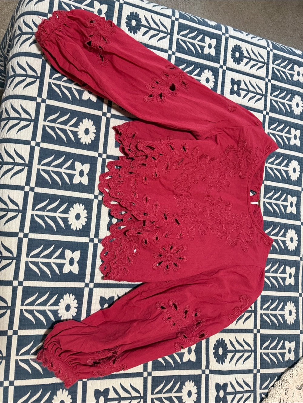 Free People Red Eyelet Crochet Peasant Blouse